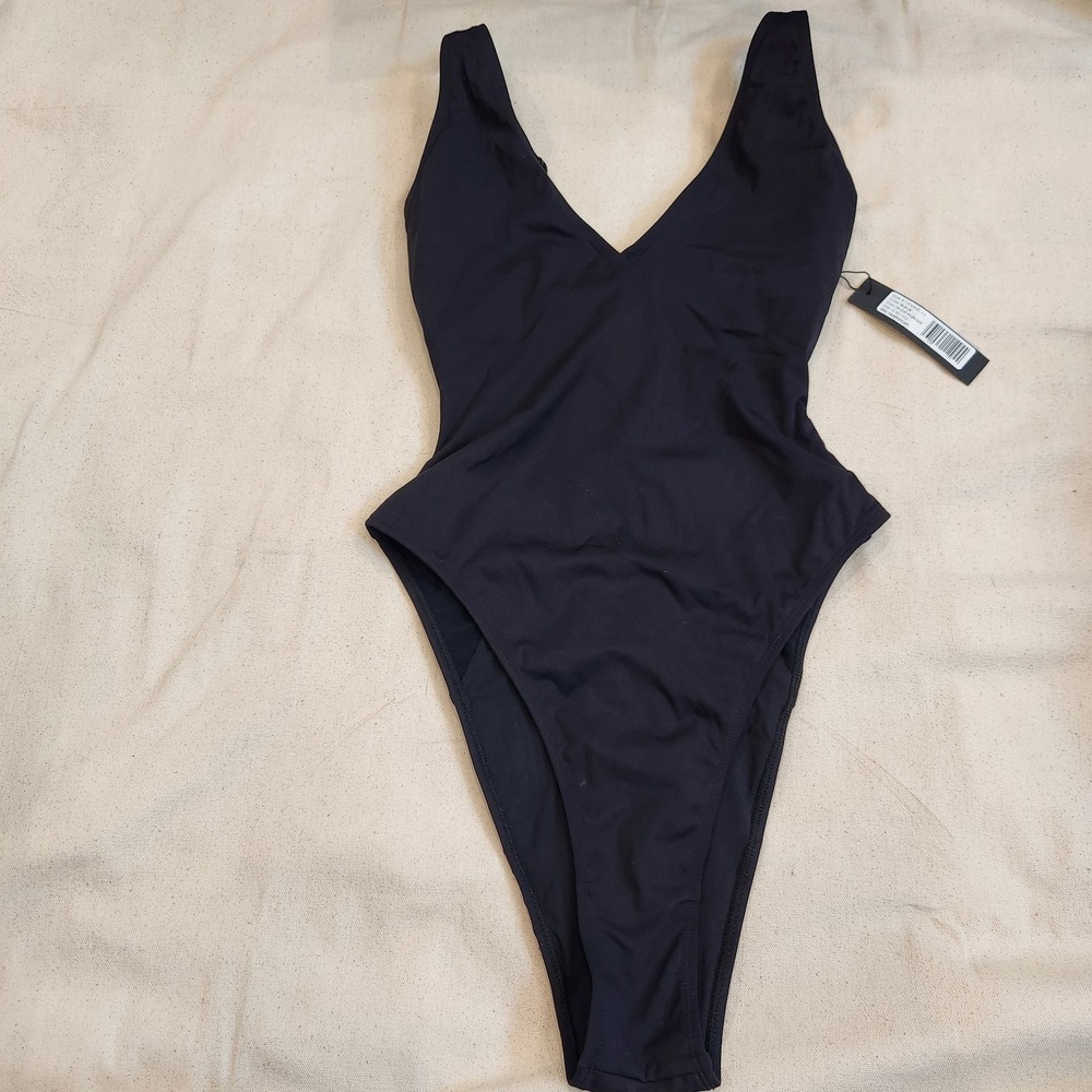 New TA3 Hi Cut Plungey One Piece Waist Corset Back Swimsuit Black M XLONG